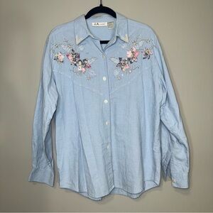 J.A. Studio Womens Light Blue Cotton Embroidered Floral Pearl Button Up Shirt L